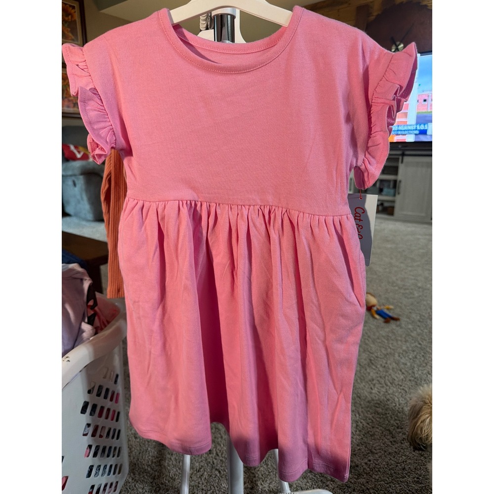 Cat & Jack Girls Pink Ruffle Short Sleeve Jersey Knit Dress 5T NWT
